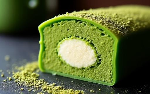 濃厚抹茶テリーヌのカットされた断面と抹茶パウダー