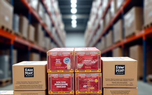 倉庫で出荷準備が整ったプロフェッショナルデザインの食品パッケージ
