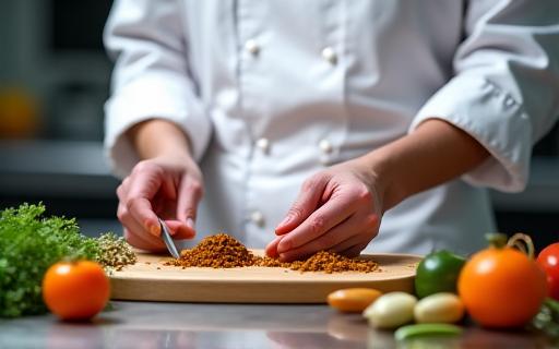 シェフがモダンなテストキッチンでスパイスと食材を試している様子