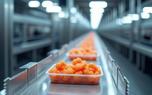 清潔なステンレス製の食品生産ラインで品質管理が行われている様子