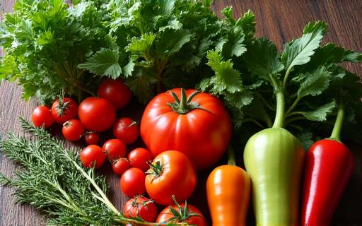木製テーブルに新鮮で高品質な野菜やハーブが鮮やかに並べられている様子